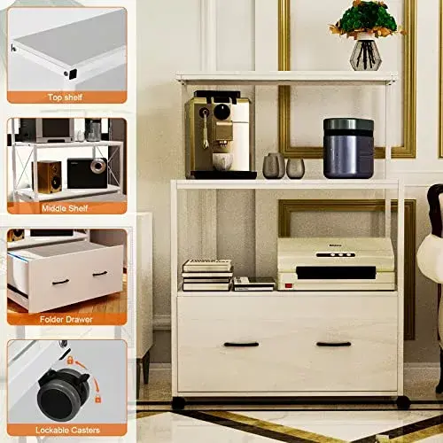 White Modern Mobile Lateral File Cabinet 1 Large Drawer and 3 Open Shelves TeviRoom