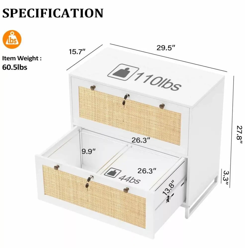 White Natural Rattan 2 Drawer Lateral File Cabinet Lock Wood Locking File Cabinet Home Office Printer Stand