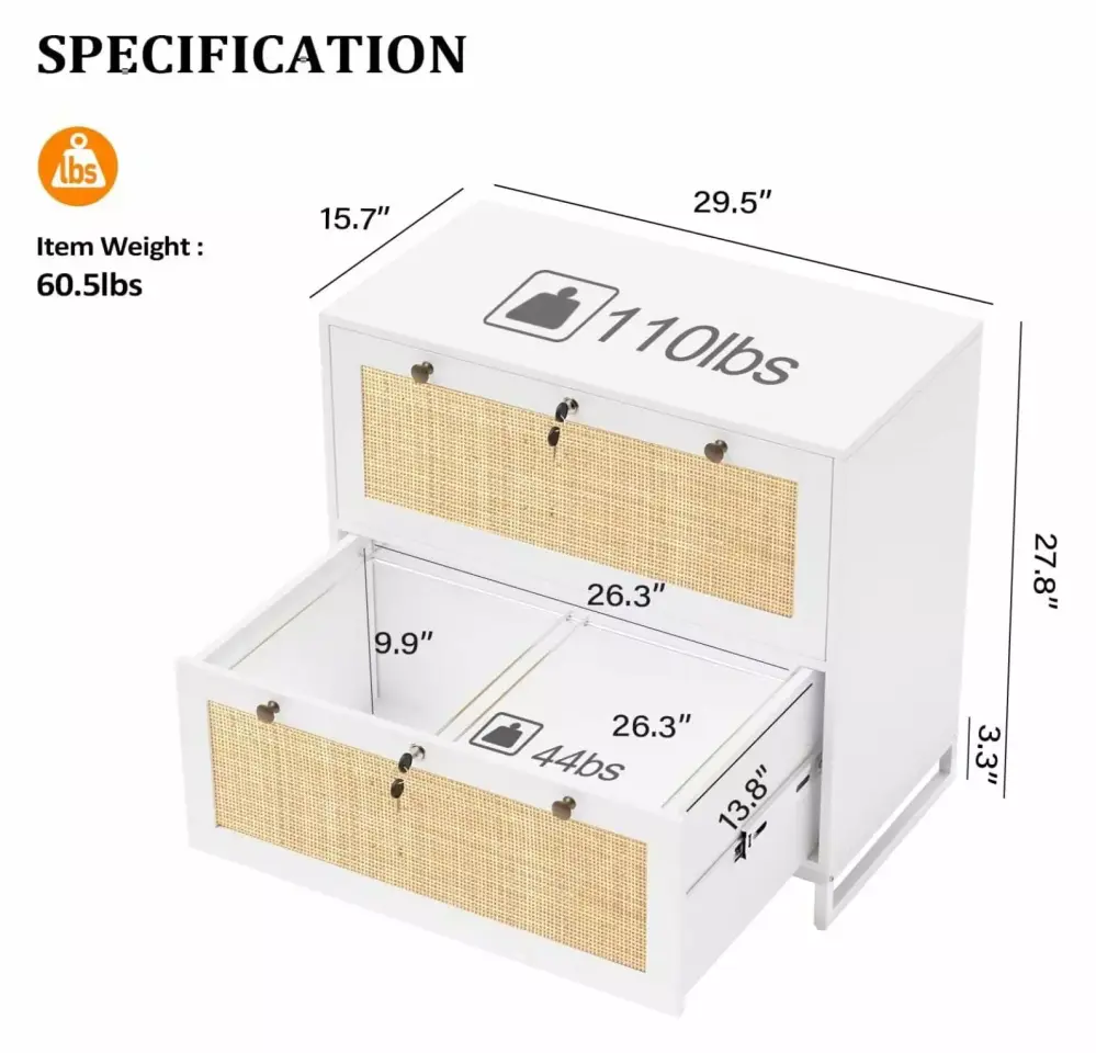 White Natural Rattan 2 Drawer Lateral File Cabinet Lock Wood Locking File Cabinet Home Office Printer Stand
