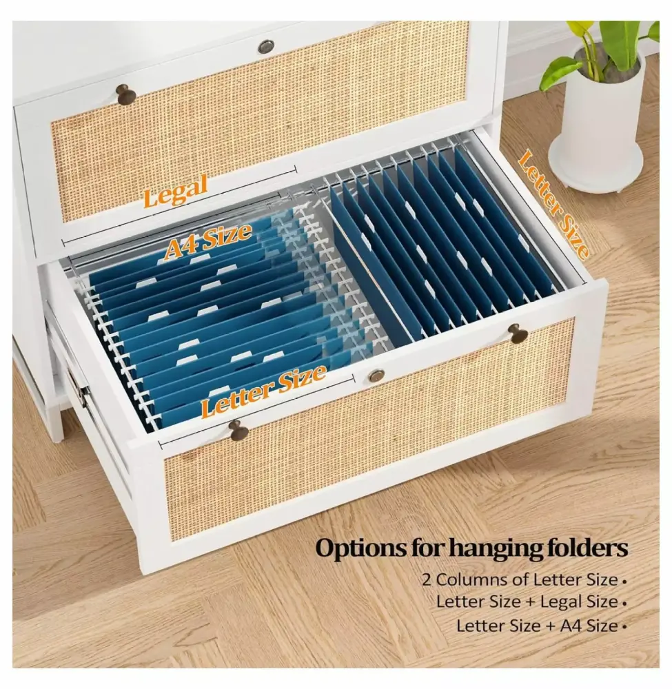 White Natural Rattan 2 Drawer Lateral File Cabinet Lock Wood Locking File Cabinet Home Office Printer Stand