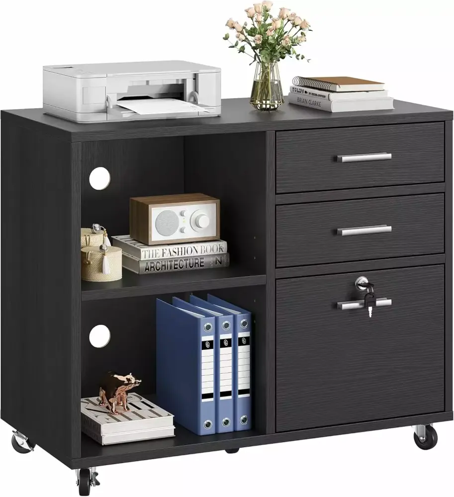 Wood File Cabinet 3 Drawer Mobile Lateral Filing Cabinet Storage Cabinet Printer Stand Lock Black