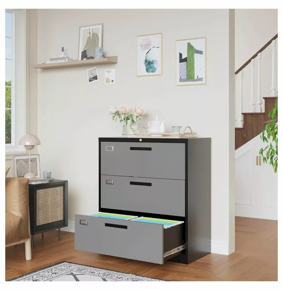 ZHANGHU 3 Drawer File Cabinet Lateral Filing Cabinet Home Office Lock Black Grey