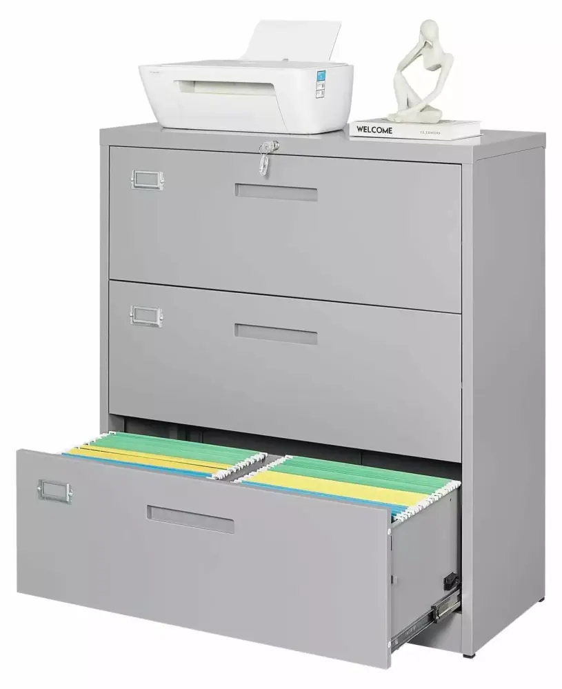 ZHANGHU 3 Drawer File Cabinet Lateral Filing Cabinet Home Office Lock Grey