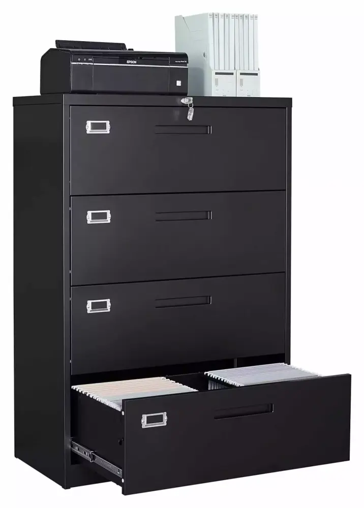 ZHANGHU 4 Drawer File Cabinet Lateral Filing Cabinets Home Office Lock Hanging Files Legal Letter A4 Size Black