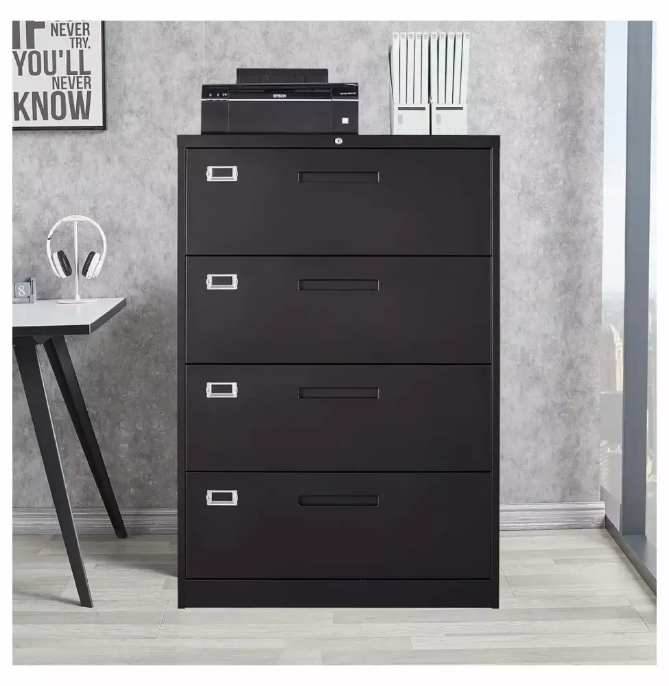 ZHANGHU 4 Drawer File Cabinet Lateral Filing Cabinets Home Office Lock Hanging Files Legal Letter A4 Size Black
