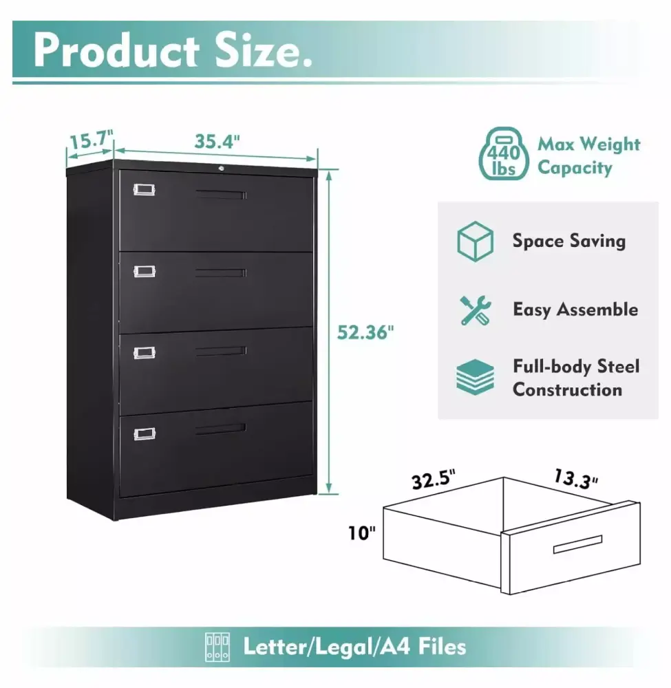 ZHANGHU 4 Drawer Lateral File Cabinet Lock White Metal Storage Hanging Files Letter Legal F4 A4 Size