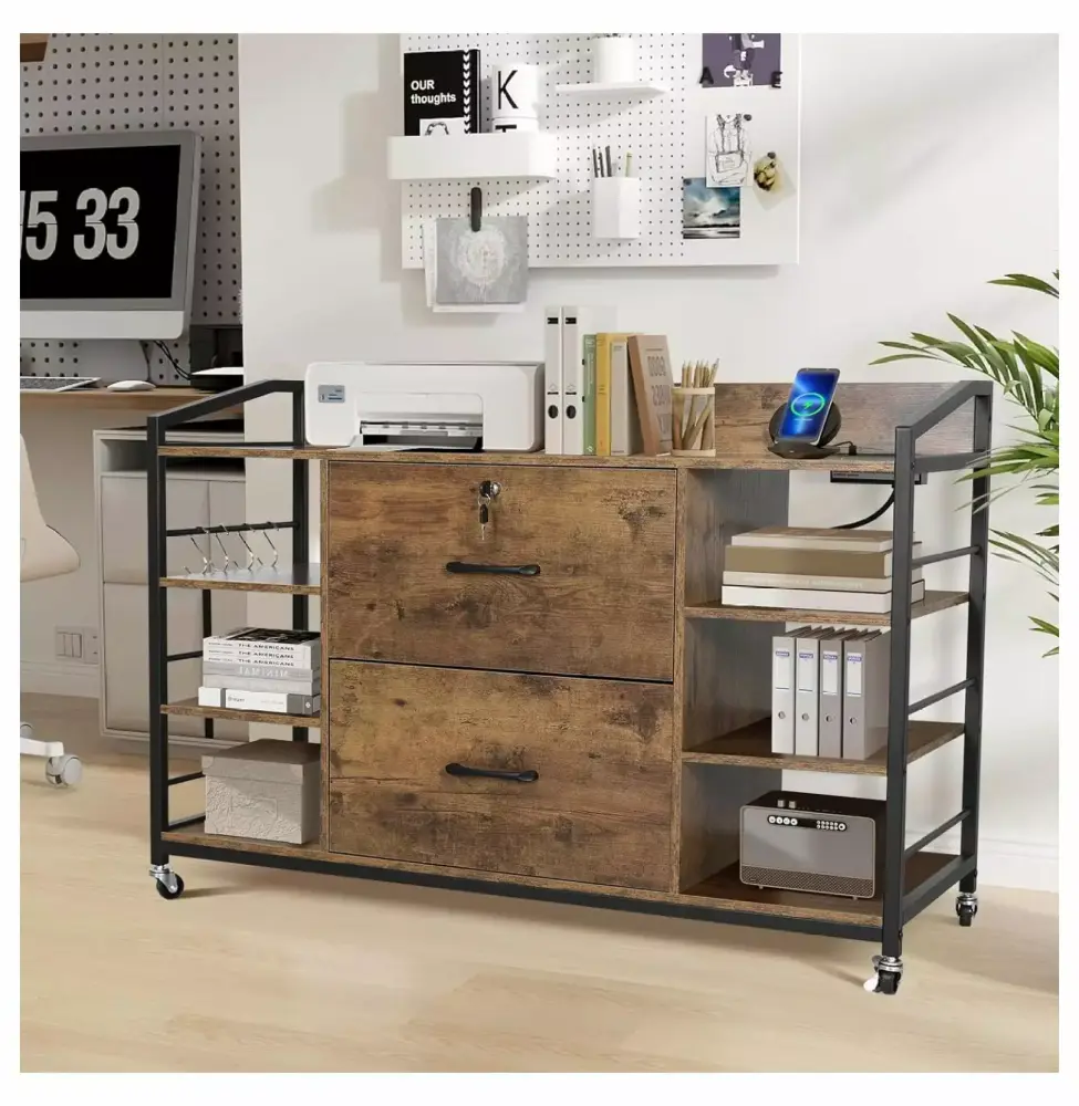 ZHANGHU Lateral File Cabinet 2 Drawer 44 Rolling Wood File Cabinet Rustic Brown