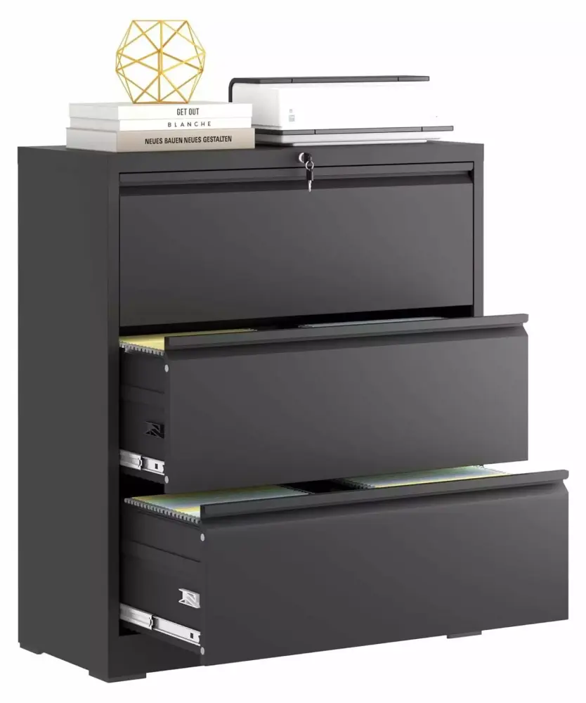 ZHANGHU Metal Lateral File Cabinet Lock 3 Drawer Steel Filing Cabinet Black