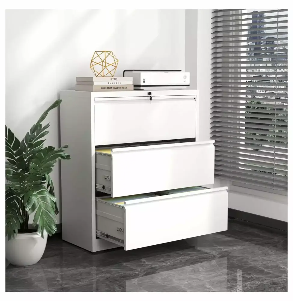 ZHANGHU Metal Lateral File Cabinet Lock 3 Drawer Steel Filing Cabinet White
