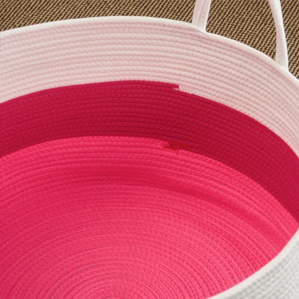 Cotton Round Laundry And Storage Basket Handles - Pink / Ivory