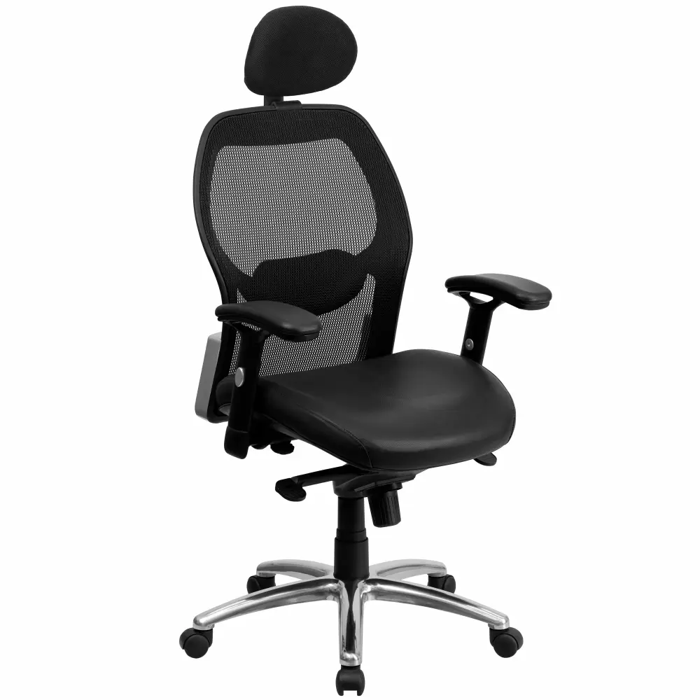 Line Furniture Darham Black Leather Executive Swivel Office Chair Headrest and Chrome Base
