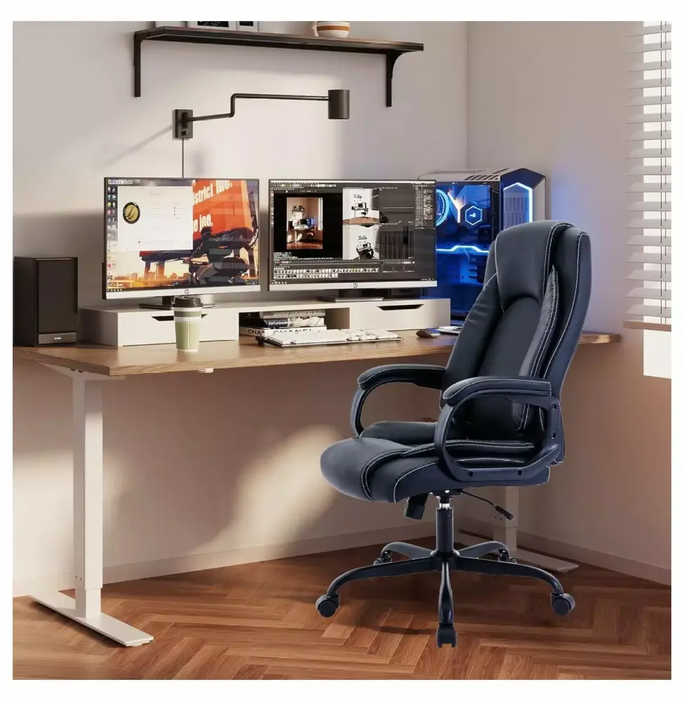 Home Office Chair Ergonomic High Back Cushion Lumbar Support Adjustable Executive Leather Chair Exlonjet