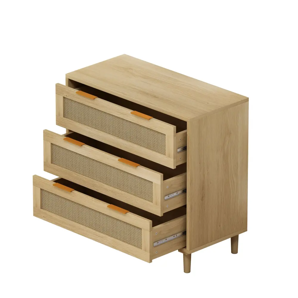 Accent Swivel 3 Drawer Storage Cabinet Rattan Drawers Bedroom, Living Room - Oak