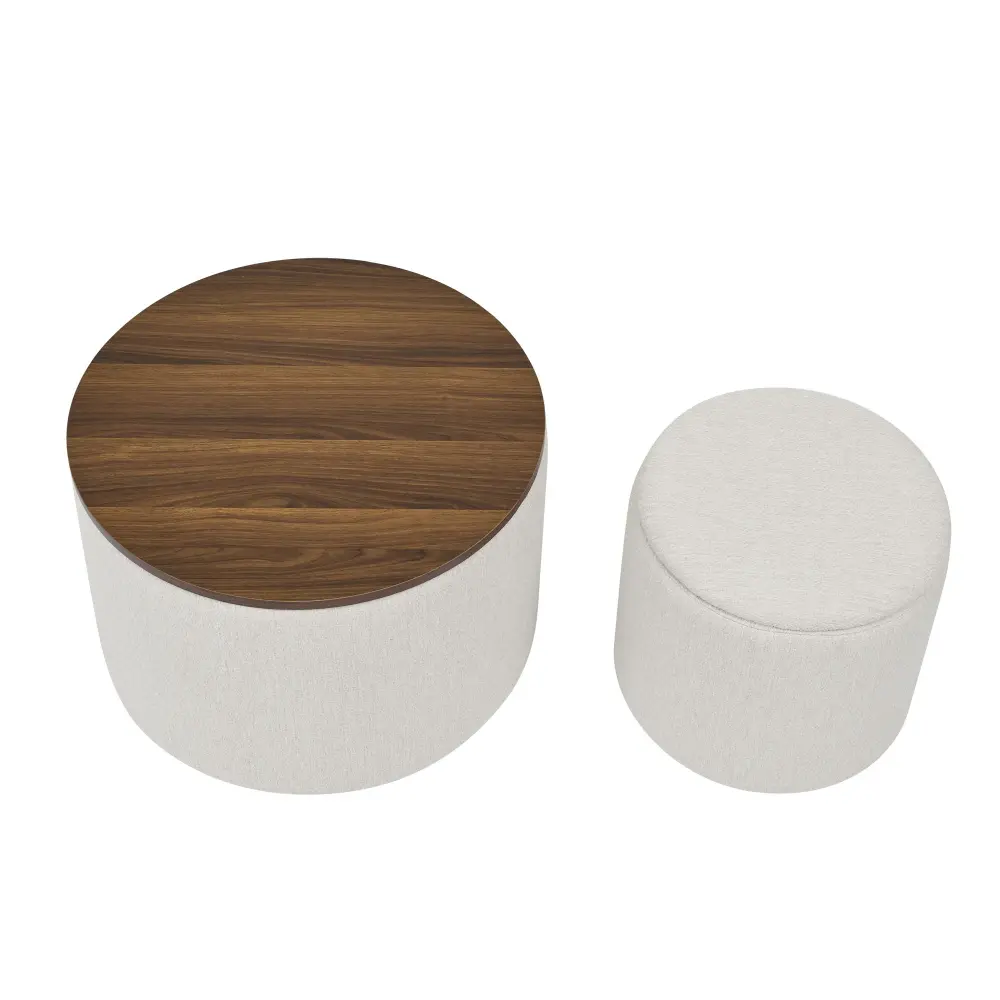 Classic 2 Piece Round Storage Ottoman Set Drum Shaped Stool