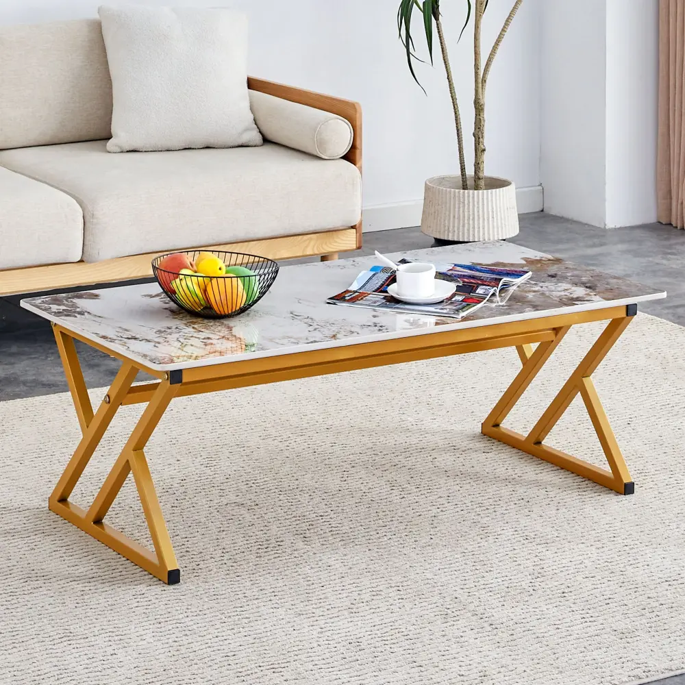 Coffee Table Authentic And Smooth Marble Pattern On Surface - Gold