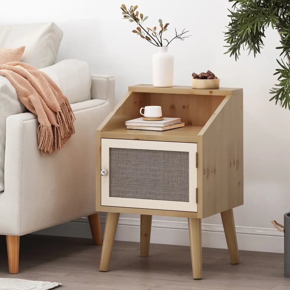 Contemporary End Table Rattan Accents And Tempered Glass - Natural / Alabaster