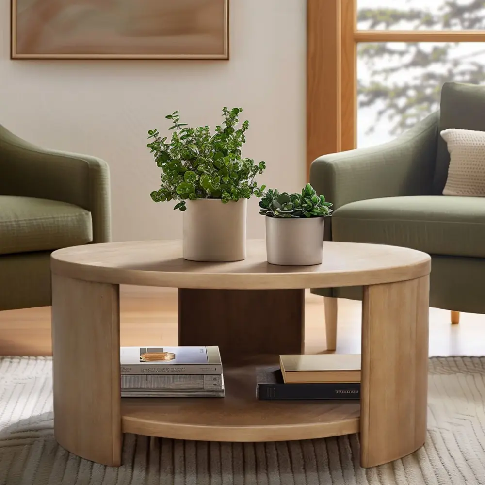 Minimalist Round Coffee Table Shelf Storage - Natural