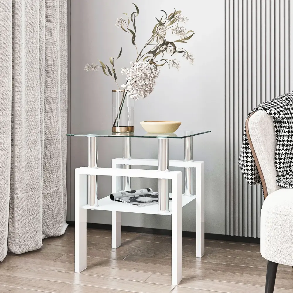 Modern Tempered Glass Tea Table, End Square Table Living Room