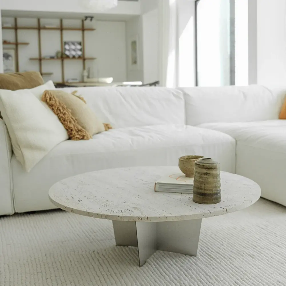 Round coffee table Bonzac - 90 cm - Stainless steel - Ivory Travertine - Unfilled