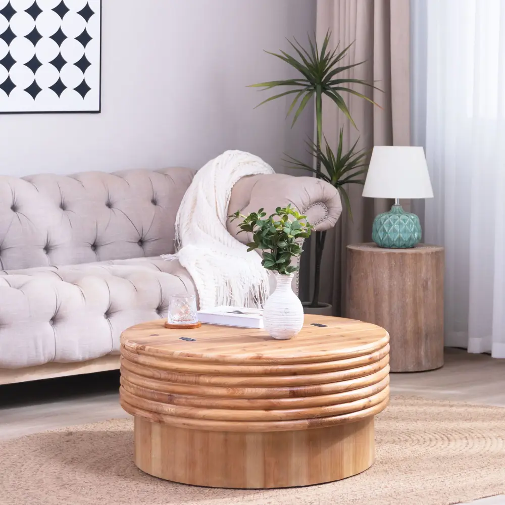 Round Wooden Coffee Table Hidden Storage, Modern Rustic Centerpiece Living Room - Multi / Natural / Rustic