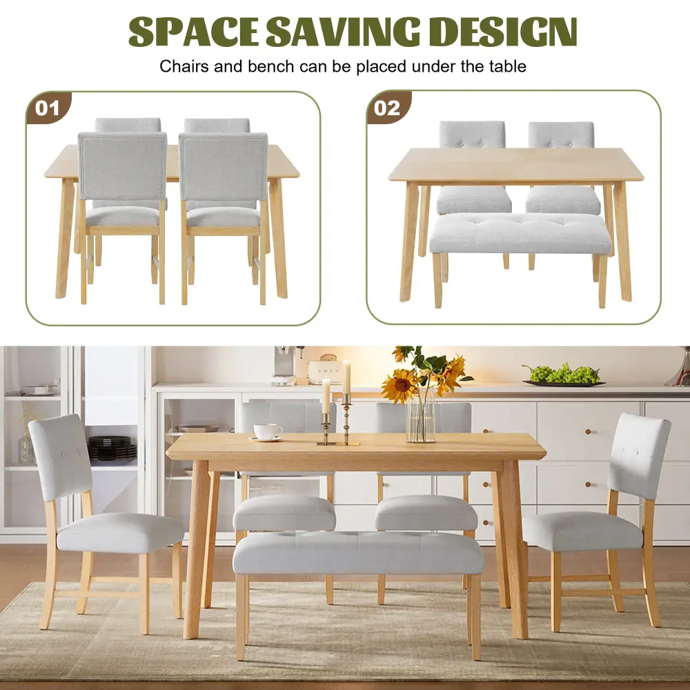 Rustic Farmhouse Dining Room Rectangular Table 4 Upholstered Chairs And Bench