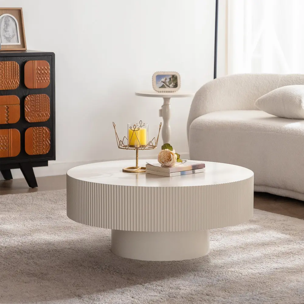 Timeless 31.5 Inch Present-day Round Coffee Table Solid Wood Groove Design Living Room #25016