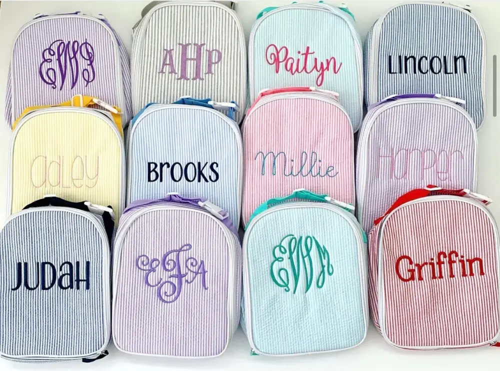 MONOGRAM PINK SEERSUCKER LUNCH TOTE