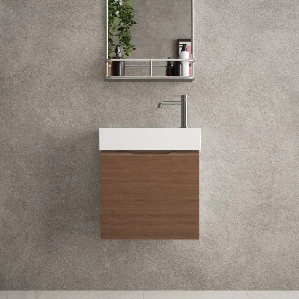 Tasca Single Door Vanity Unit Beyondstone Basin - Walnut 450mm