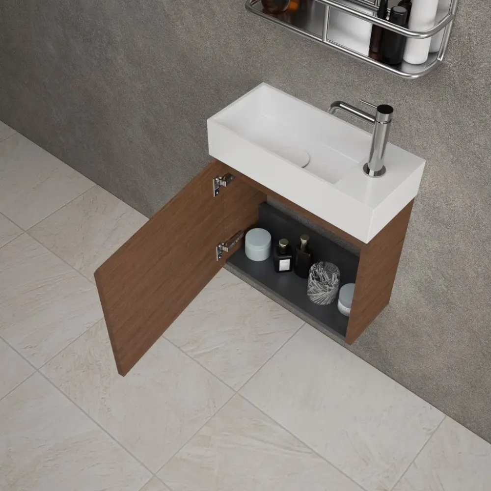 Tasca Single Door Vanity Unit Beyondstone Basin - Walnut 450mm