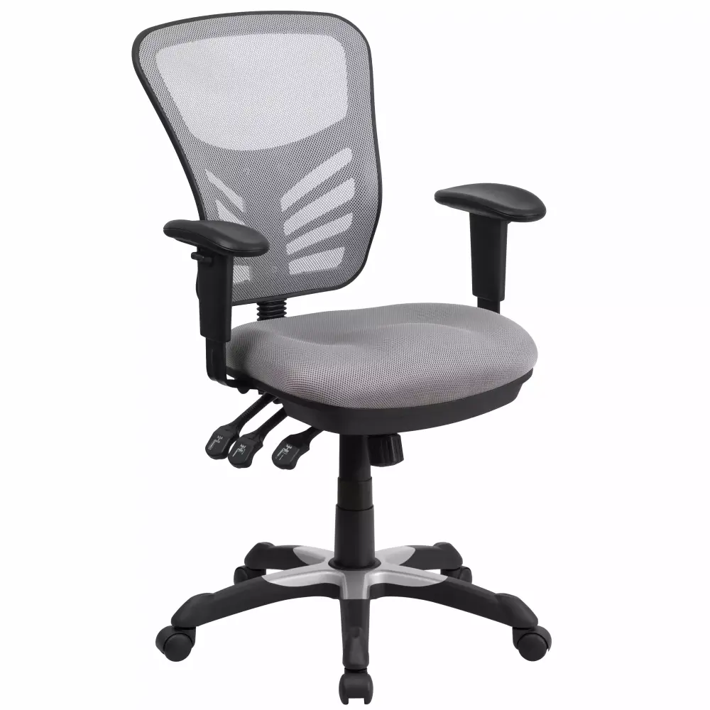 Line Furniture Grey Nylon Mesh Multifunction Executive Swivel Office Chair Triple Paddle Control