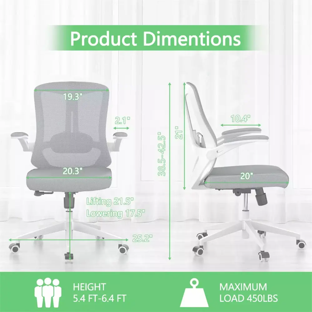 Office Chair Ergonomic Desk Chair Breathable Mid-Back Comfortable Mesh Computer Chair Flip-up Armrests Monhey