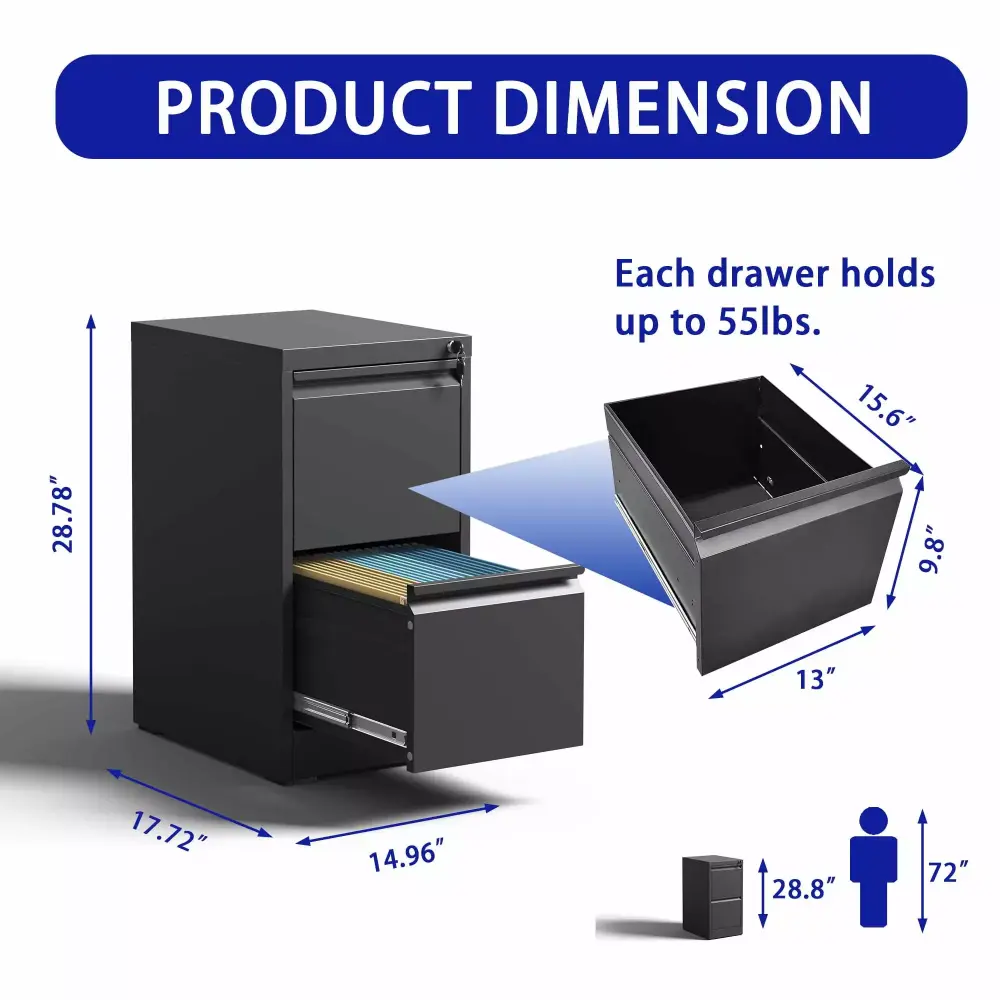 Lockable 2-Drawer Metal Vertical File Cabinet A4 Legal Size Files Office Home Use Finlon