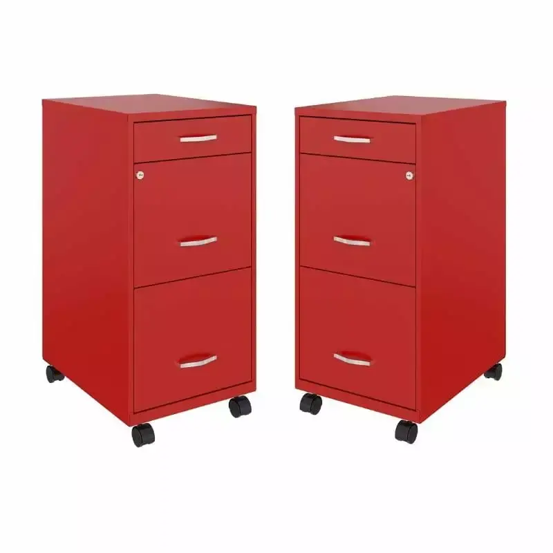 Home Square 3 Drawer Mobile Metal Filing Cabinet Set Red - Set 2 - Office Storage Solution