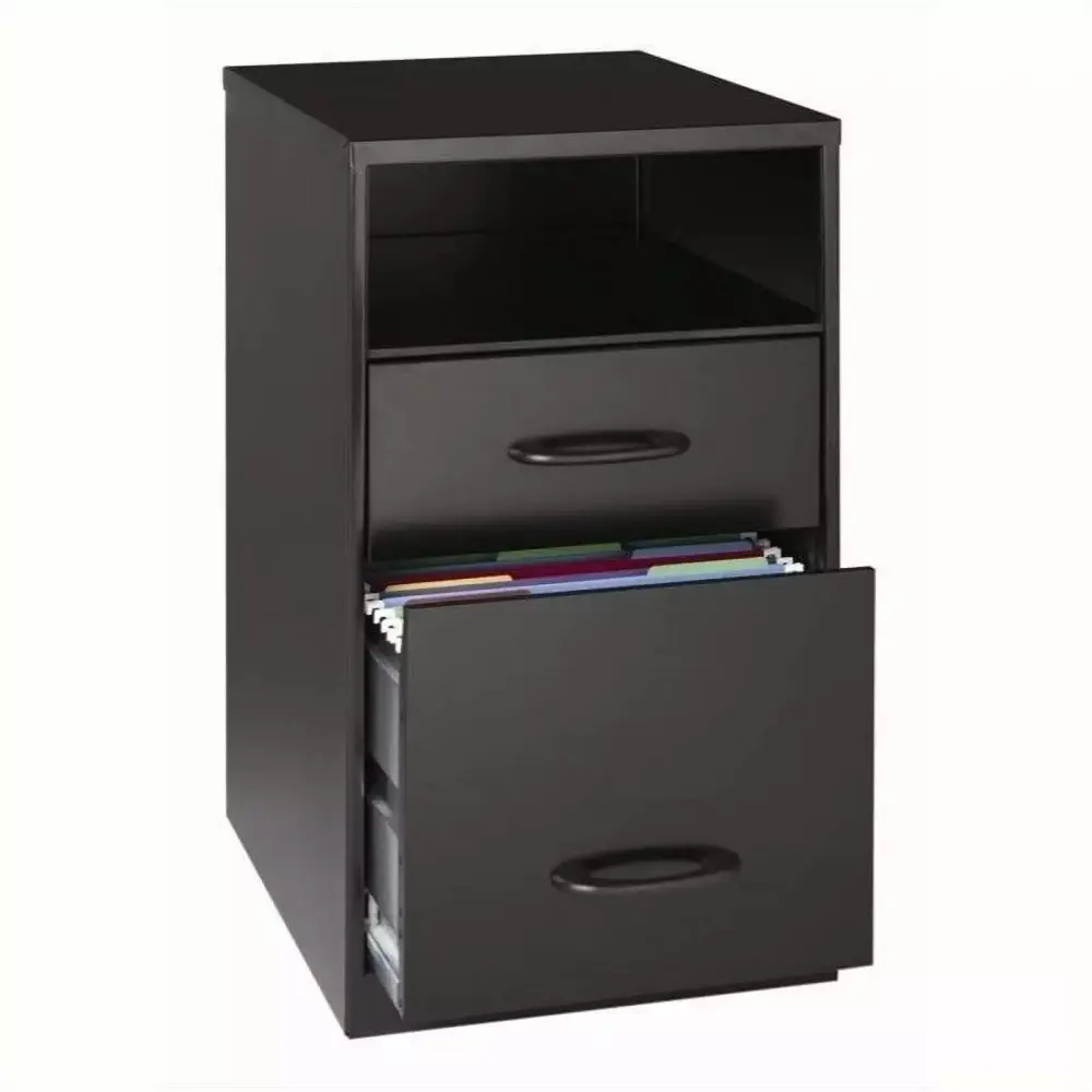 Pemberly Row 18 2-Drawer Modern Metal Organizer Cabinet Open Shelf Black