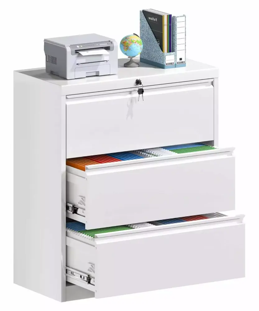 RinGol White 3 Drawer Vertical File Cabinet Wide Metal Vertical Filing Cabinet Lock Home Office School Furniture