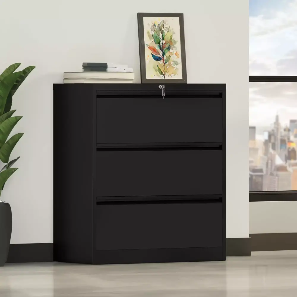 Uforic 3 Drawer Lateral File Cabinet Lock Metal Stainless Steel Legal Letter A4 Size Black