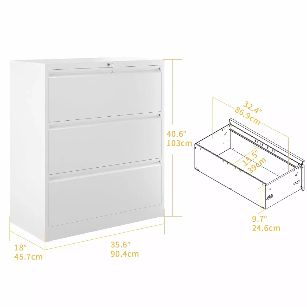 Uforic 3 Drawer Lateral File Cabinet Lock Metal Stainless Steel Legal Letter A4 Size White