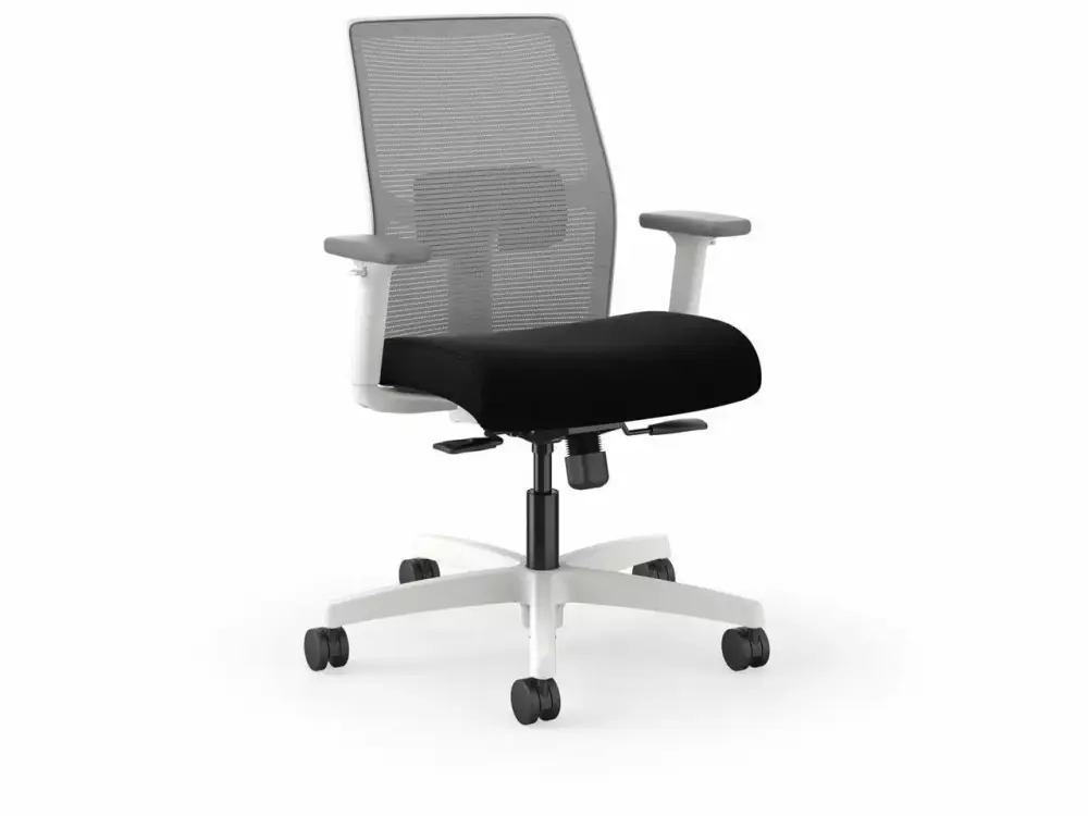 HON I2M2AFC98ADW Ignition Mid-back Task Chair Navy Fabric Seat Fog Mesh Back Designer White Frame