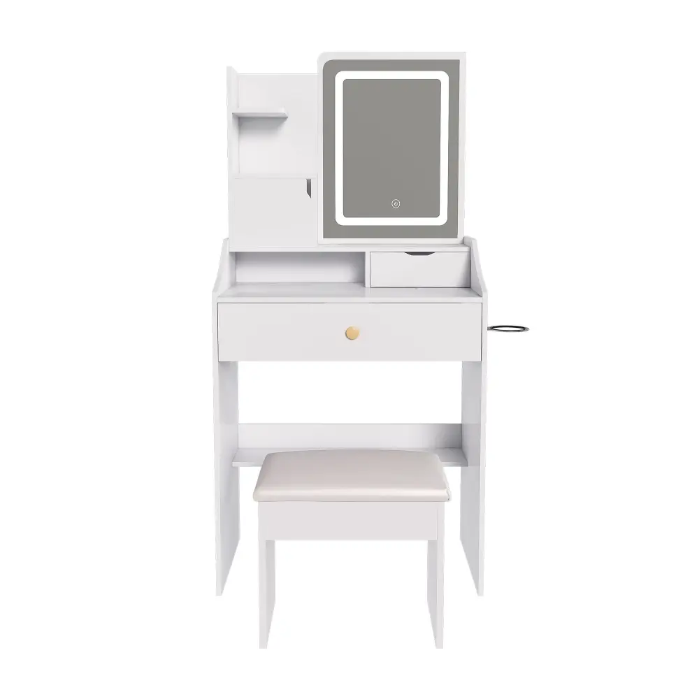 LED Vanity Mirror Stool, 2 Drawers & 5 Storage Cabinets, Modifiable Lighting Mdf Dressing Table Bedroom - White