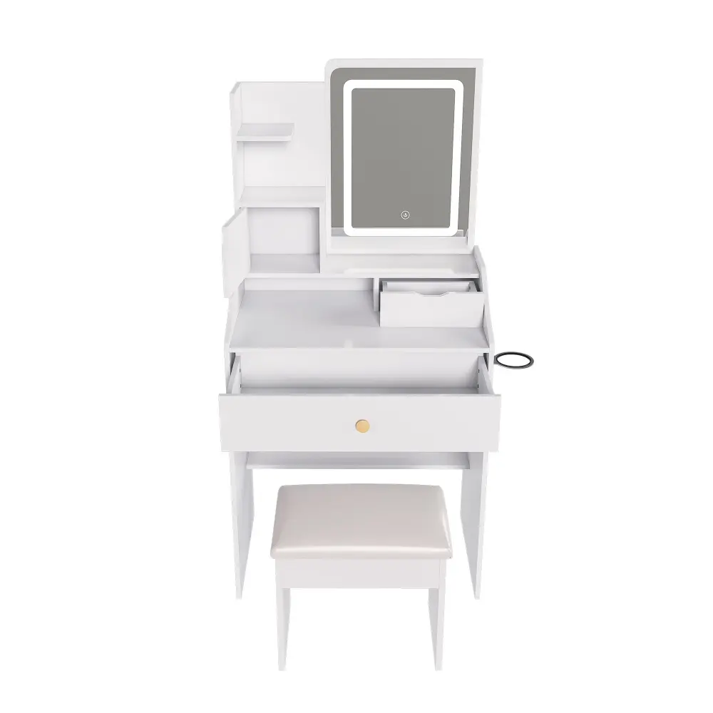 LED Vanity Mirror Stool, 2 Drawers & 5 Storage Cabinets, Modifiable Lighting Mdf Dressing Table Bedroom - White