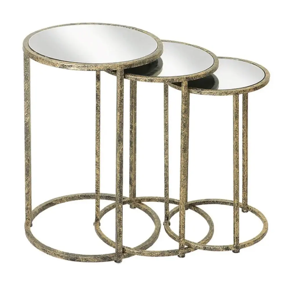 Vintage Distressed Set 3 Mirror Top Nest Tables - Antique Aurum