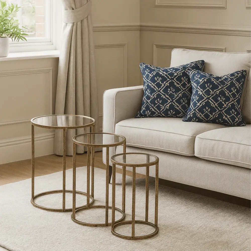 Vintage Distressed Set 3 Mirror Top Nest Tables - Antique Aurum