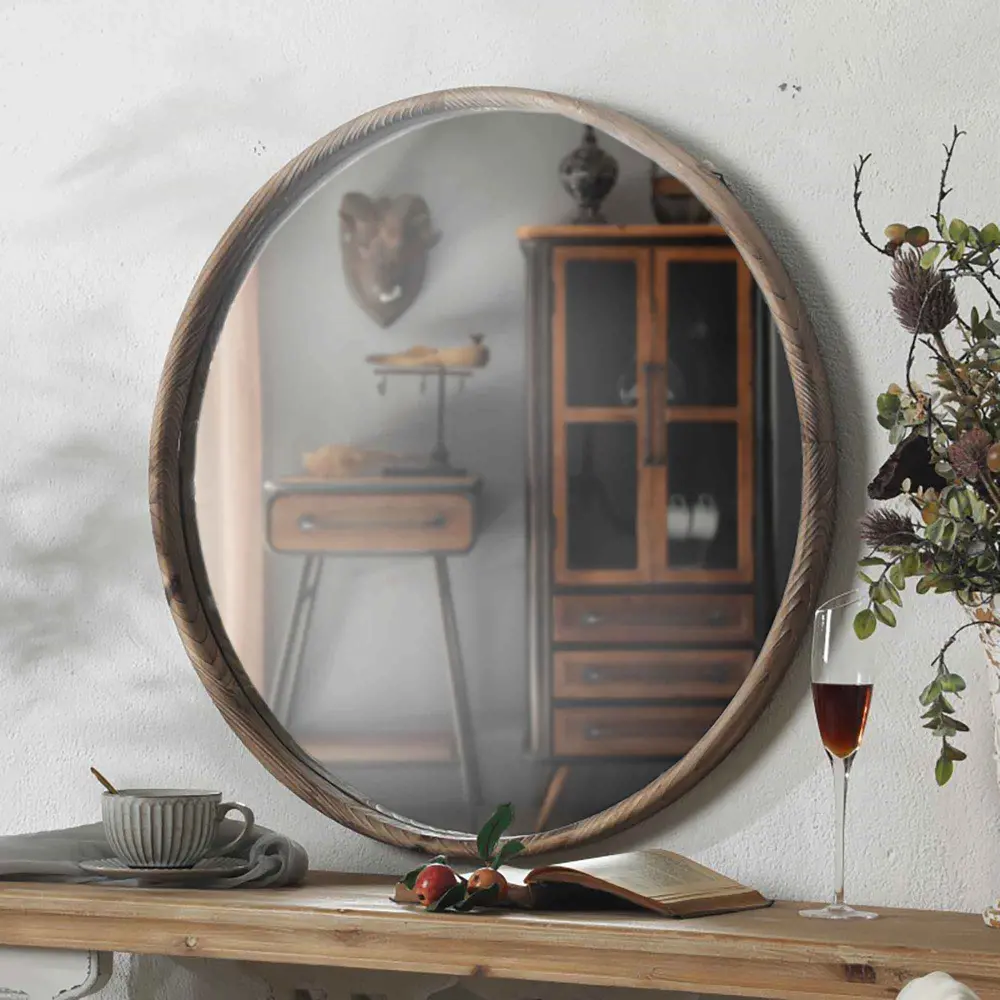 Round Mirror Rustic Hardwood Frame, 27-1/2''
