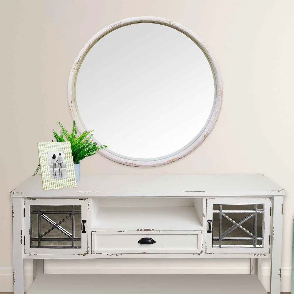 Round Mirror Whitewashed Timber Frame, 27-1/2''