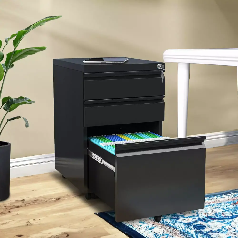 Uforic Fully Assembled 3 Drawer Lockable File Cabinet Mobile Filing Cabinet Wheels Black