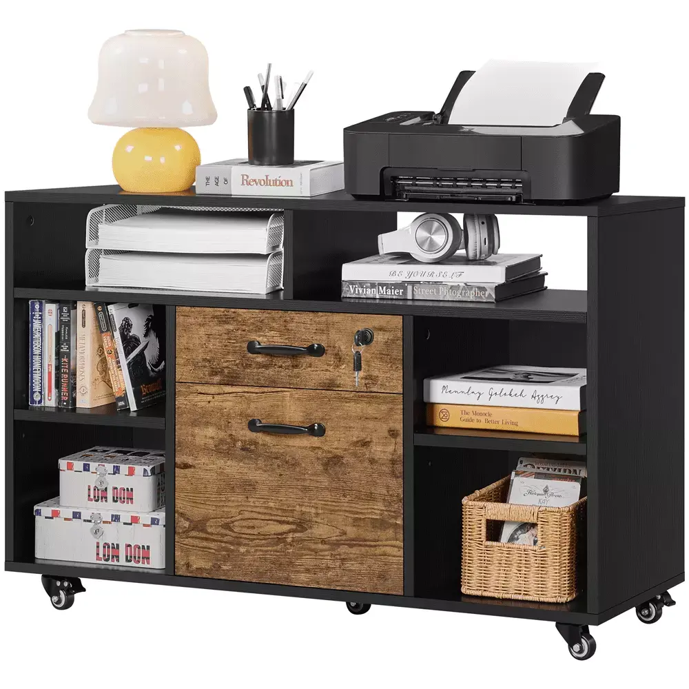 Alden Design Industrial Wooden Rolling File Cabinet Lockable Drawer Black Rustic Brown