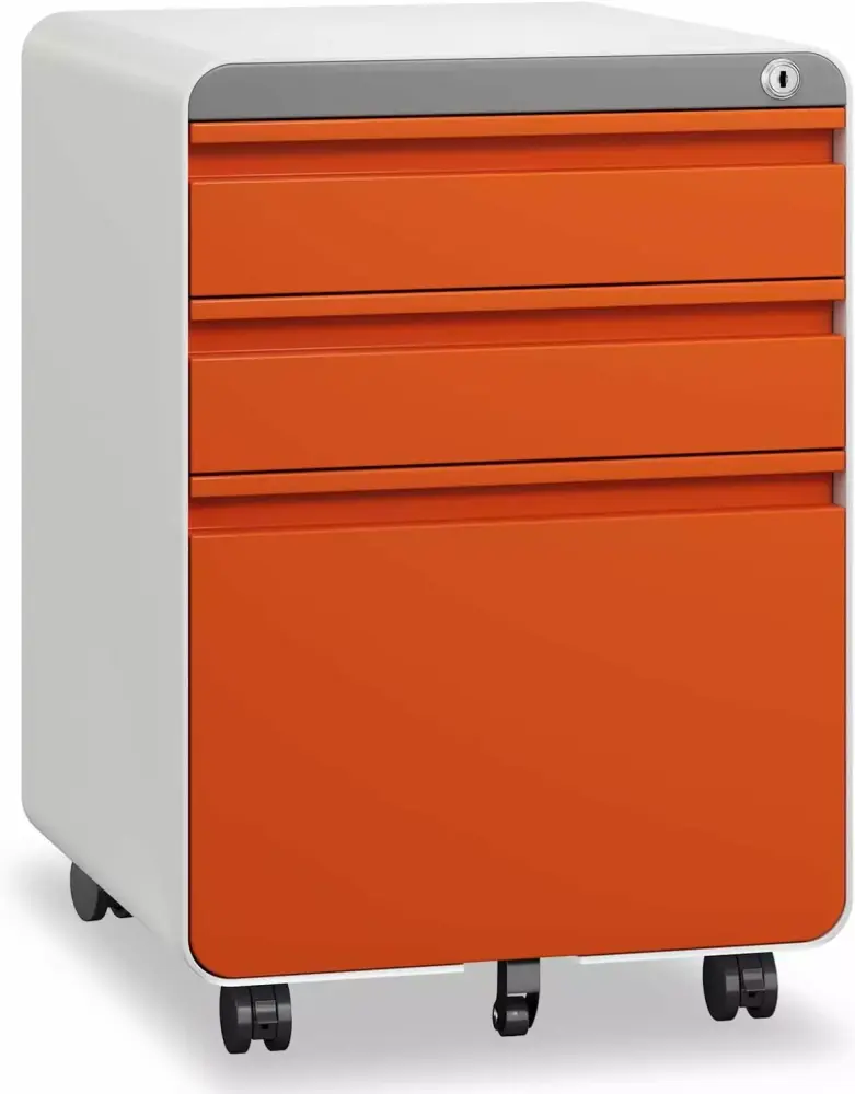 3 Drawer Metal File Cabinet Lock Wheels Hanging Rail Anti-tilt Under Desk Design Mobile Lockable Orange Chansong