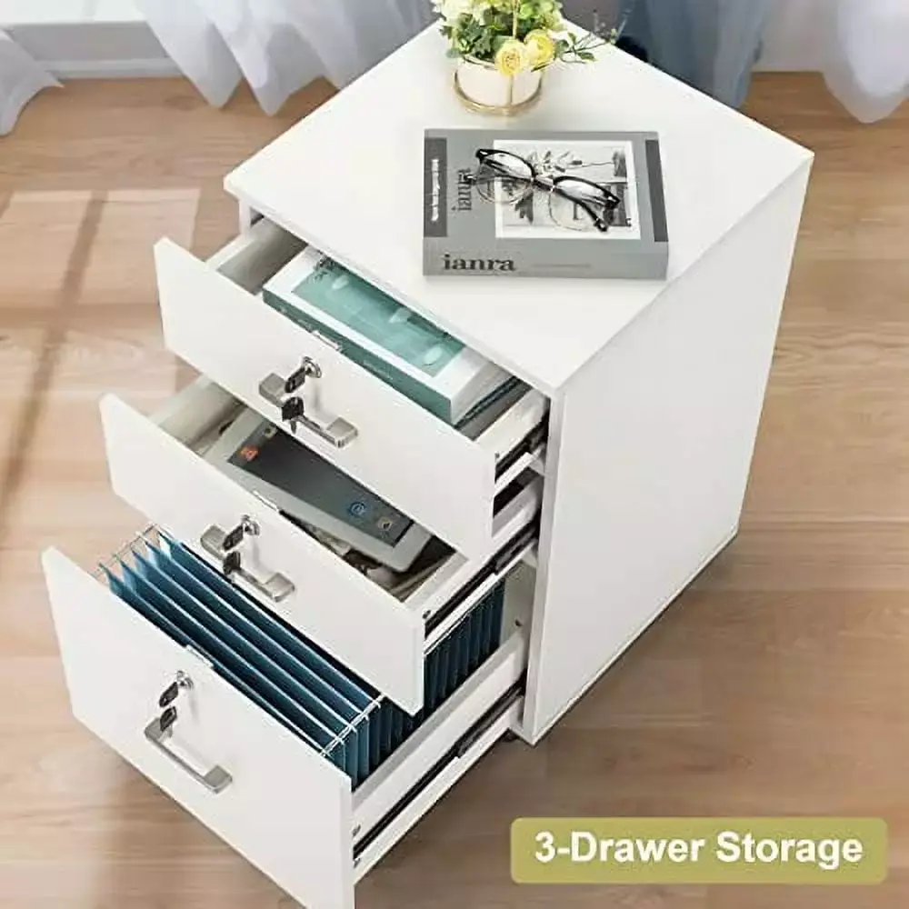 3-Drawer Rolling File Cabinet Lock and 360 Swivel and Lockable Casters Wood Under Desk Filing Cabinet fits Letter Paper Si...
