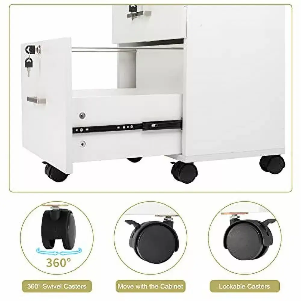3-Drawer Rolling File Cabinet Lock and 360 Swivel and Lockable Casters Wood Under Desk Filing Cabinet fits Letter Paper Si...