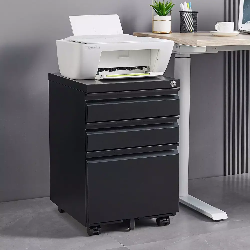 3-Drawer Mobile File Cabinet Lock Office Storage Legal Letter Size Pre-Assembled Metal Black CNCJ